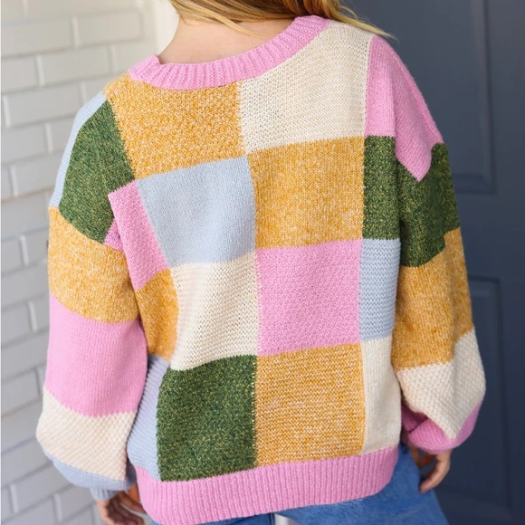 Checkered Patchwork Multi-Colored Knit Cardigan, Relaxed Fit, S & M - Picture 3 of 7